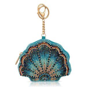 Mary Frances Blue Cove Seashell Oceanic Beaded Coin Purse Zip Key Ring Blue NEW